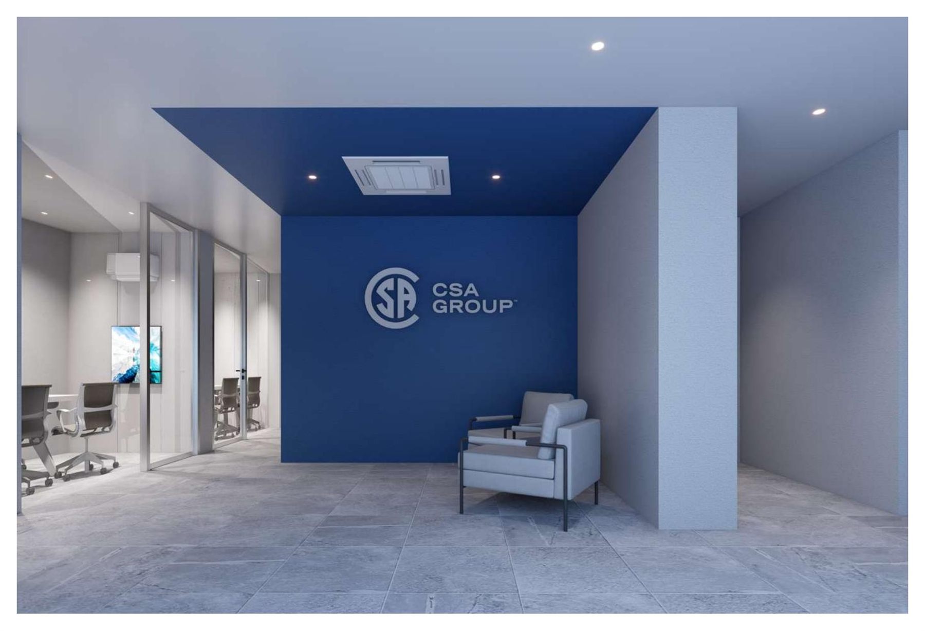 ภาพ 3D โถงทางเข้าสีน้ำเงินของ CSA Group